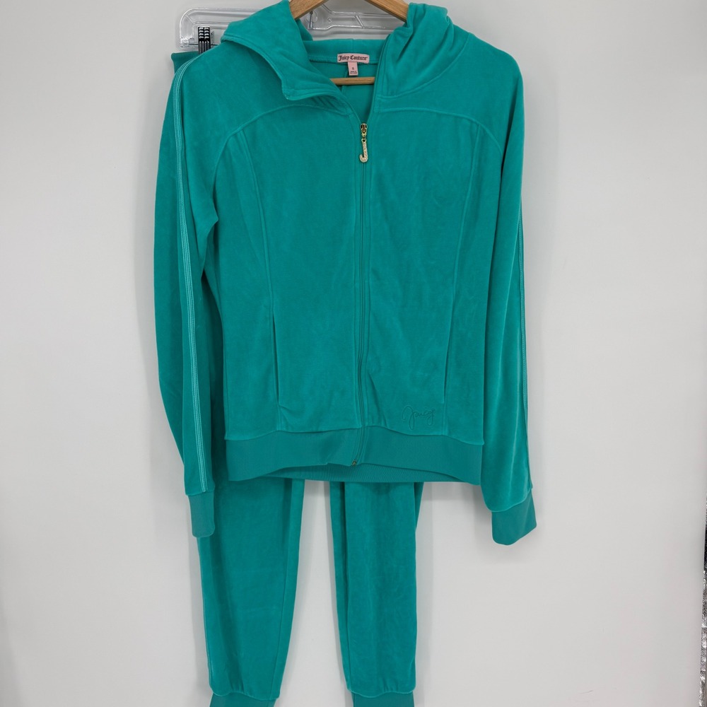 Juicy Couture Tracksuit Set Womens Velour Teal Green Hoodie Joggers Small